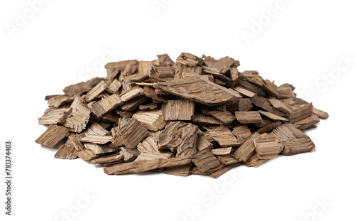pile of french oak wood chip for smoking meat and fish isolated on white background.