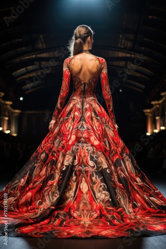 A model walks fashion catwalk runway show, Fashion Week season, in a fancy gown dress,