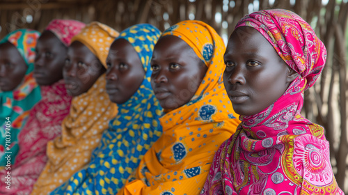 Gruppe von erwachsenen afrikanischen Frauen in traditioneller Kleidung, die nebeneinander sitzen und jemandem zuhören 