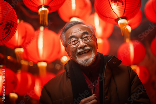 chinese old man celebrate at chinese lantern festival bokeh style background