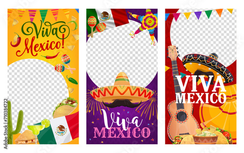 Mexican Independence Day and Viva Mexico social media vector templates for holiday story posts, Mexican sombrero with mustaches, guitar and maracas with pinata and Mexico flag for Independence Day