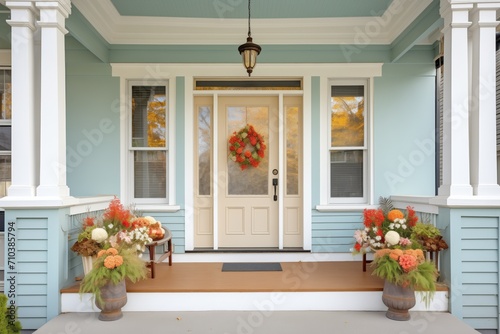 central front door with transom window, flower wreaths