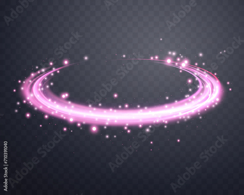 Glowing pink magic rings. Dynamic orbital flare halo ring. Neon realistic energy swoosh swirl. Abstract light effect on a dark transparent background. Vector illustration