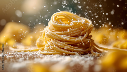 Close-up of fettuccine pasta twirled into a nest with flour dusting, AI generated