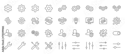 Settings line icon set. Cogwheel, support, wrench, screwdriver, development, config, toolbar, setup minimal vector illustrations. Simple outline signs for application options. Editable Stroke