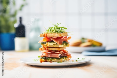 focaccia sandwiches stacked with prosciutto and arugula