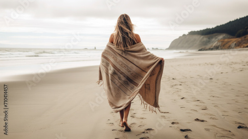 young slim beautiful woman on sunset beach, playful, dancing, running, bohemian outfit, indie style, summer vacation, sunny, having fun, positive mood, romantic, splashing water, silhouette, happy