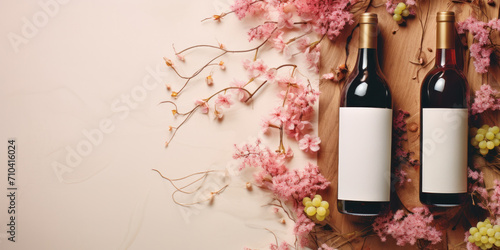 Top view of two bottles of red wine on a wooden board with a floral background. Alcoholic drinks spring banner concept with free space for promotional texts.