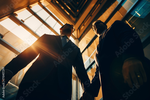  Low-Angle Shot, Great partnership businessmen Shaking Hands, Looking Up Towards the Ceiling in elevator office building.