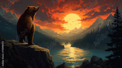 A large bear stood on the edge of a cliff watching the sun set.