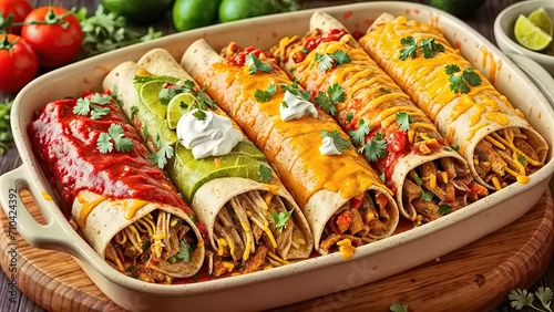 A dish filled with four enchiladas, each with a different topping: red, green, and yellow sauce, and cheese. The dish is set on a wooden board with ingredients such as lime, cilantro, and diced tomato
