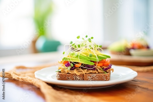 open sprouted grain bread sandwich with sprouts