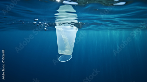 plastic cup floating underwater in the ocean sea pollution by garbage plastic problem