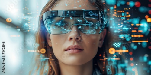 woman look up portrait in vr glasses hologram, glowing virtual headset with connection, earth sphere and lines.