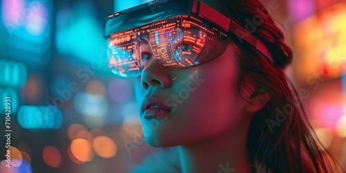 woman look up portrait in vr glasses hologram, glowing virtual headset with connection, earth sphere and lines.