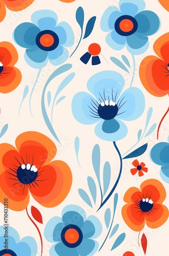 an orange and blue flower pattern. a colorful floral pattern made with circles and flowers. abstract design with a blue color and orange