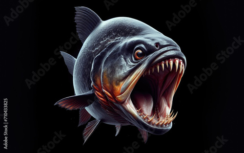 Red piranha (Red-bellied piranha) on isolated black background. Pygocentrus nattereri is freshwater fish in family Serrasalmidae that inhabits Amazon basin, South American rivers.