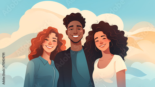 Group of three people smiling together, flat vector illustration