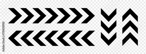Set of horizontal and vertical chevron arrows. Ornaments with repeated V shaped stripes. Road, military, army, pointer, navigation left and right, up and down signs. Vector flat illustration