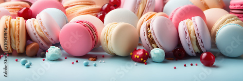 Colorful french desserts with sweets, top view, flat lay. Cake macaroons on plain background, colorful almond cookies, pastel colors. Banner. Flat lay, top view