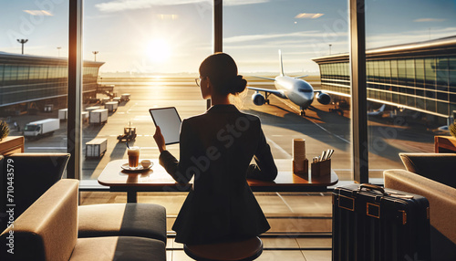 Businesswoman with tablet and coffee observes airplane at airport, capturing a moment of modern business travel in morning light. AI Generated