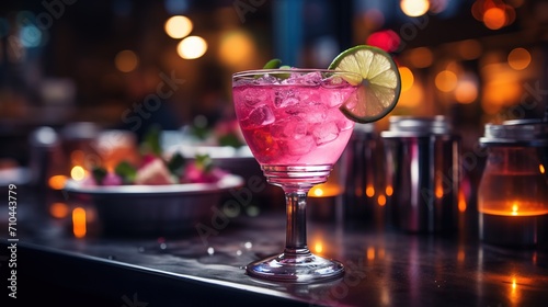 A stylish pink girlish cocktail in glass with high stem at the bar counter. Generative AI