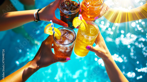 College students party, friends hands holding favorite soft drinks on swimming pool background, summer vacation concept, background or advertising idea for vacation banner