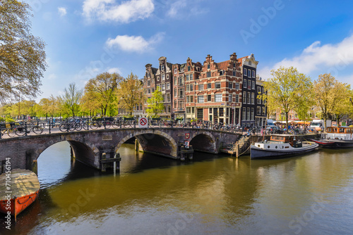 Amsterdam Netherlands, city skyline at canal waterfront