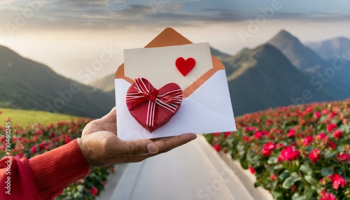 man hand holding valentine gift and envelope