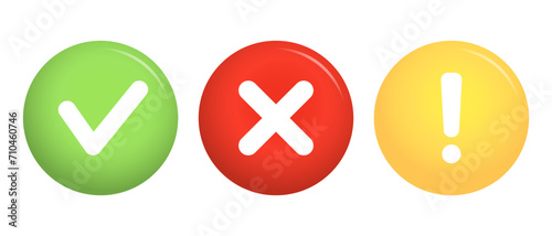 Green tick sign, red cross icon and yellow warning sign. Isolated check marks, checklist signs, approval icon. Vector