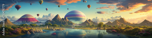 Hot air balloons flying above beautiful nature. copy space for your text.