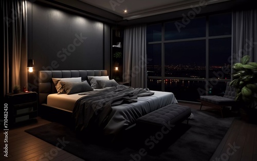 realistic photos Elegant and comfortable home and hotel bedroom interiors, with dark color combinations. generative ai