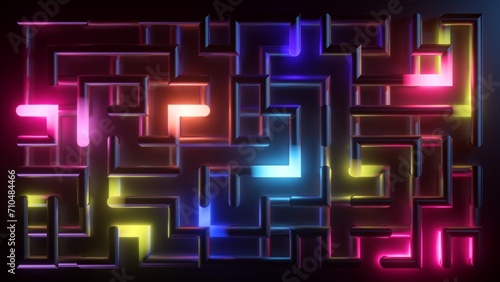 3d render, abstract neon labyrinth background. Colorful lights inside the ultraviolet maze glowing in the dark. Energy concept