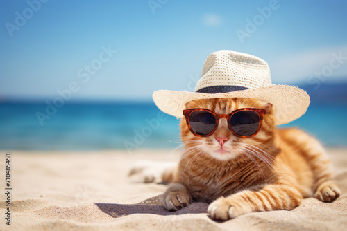 Gato con gafas de sol y sombrero tumbado en la arena de la playa.