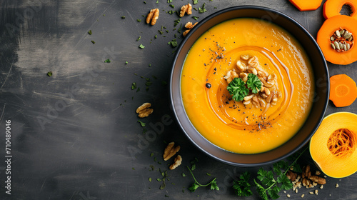 Pumpkin and carrot soup with cream and parsley on a dark rustic background. top view banner with copy space for delicious autumn or winter comfort food. Perfect for cozy meals and warm gatherings.