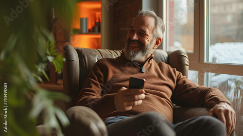 Close-up senior smiling relaxed retired man with beard sitting comfortably at home on armchair using mobile phone, communication concept