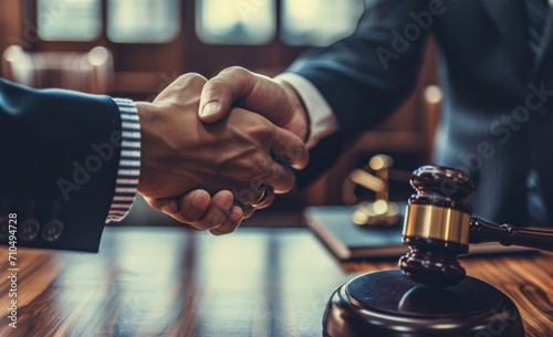 Both sides of a legal dispute shake hands as a sign of compromise. The court's decision cancels all agreements. Conflict resolution in court. Agreement between the parties to the dispute.
