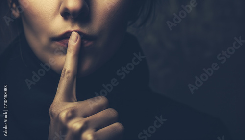 The Silence of Secrecy: A Mysterious Woman Gesturing for Silence with a Finger to Her Lips