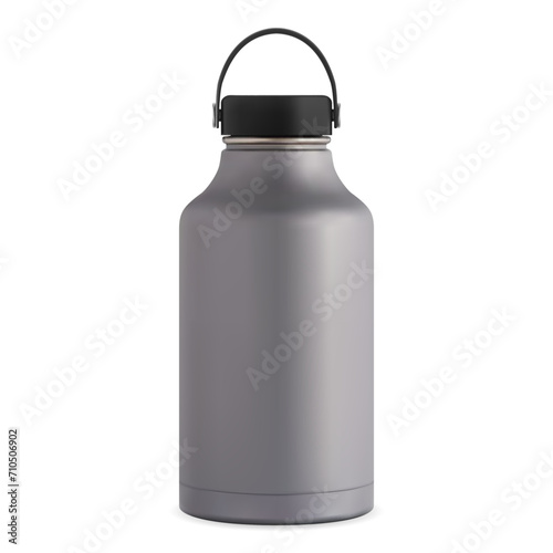 Stainless steel water bottle template. Thermo flask mockup for gym sport, fitness or travel. Hot tea or coffee thermos, realistic insulated vacuum tin for outdoor or camping