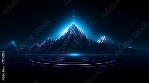 montanha iluminada por uma luz azul néon com circulos