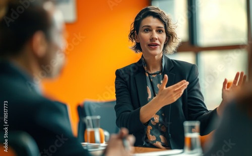 Woman is giving a business presentation to a group of business people. Mature busineswoman pitching her idea to her team.