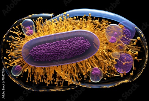 A highly detailed 3D rendering of a bacterial cell with flagella and internal structures