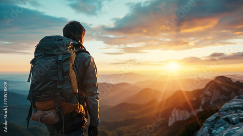 男性が山頂で朝日を眺めている後ろ姿01