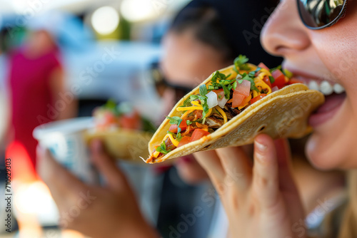 Woman enjoying a taco at a food truck