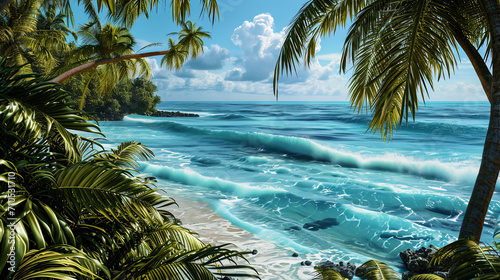 An exciting view of the ocean, where palm trees gently touch the waves with their green branches