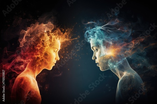 Two women face each other as colorful smoke billows out from their faces, An abstract representation of empathic communication, AI Generated