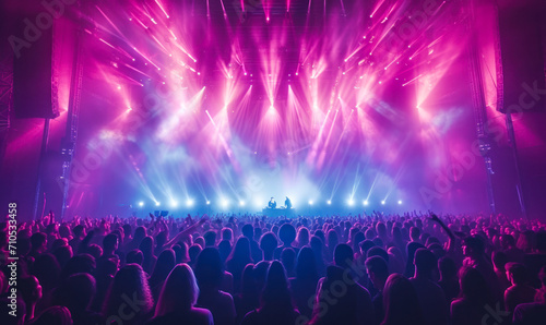 Energetic crowd enjoying a live concert with vibrant pink and blue stage lights at a music festival, capturing the essence of entertainment and nightlife