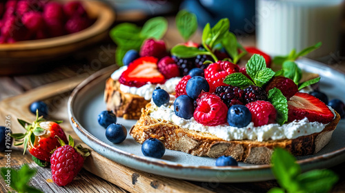 Breakfast with toasts made of whole grain bread, abundantly smeared cottage cheese, fresh berries