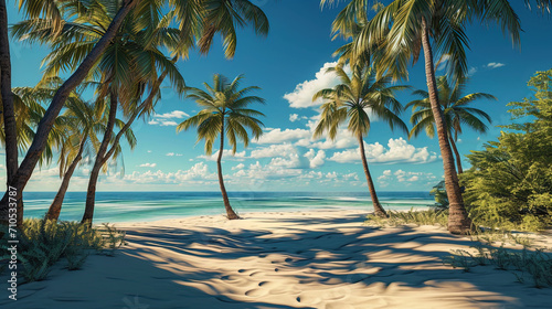 Coastal palm trees, creating a shadow in the sand, are invited to rest under their cool crowns