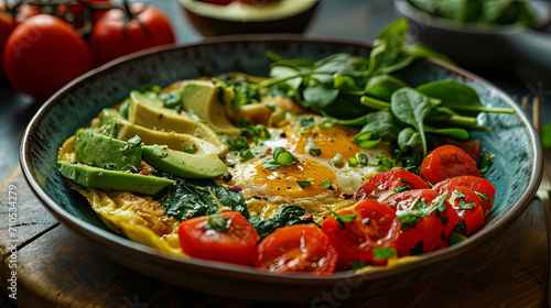 Healthy omelet with tomatoes, spinach and slices of avocados, presented on a stylish bowl